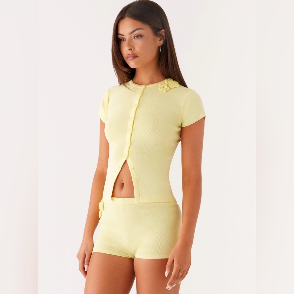 Peppermayo Light Yellow Short Sleeve Cardigan with Floral Detail